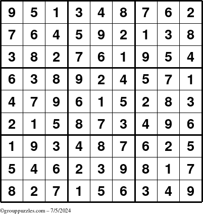 The grouppuzzles.com Answer grid for the Sudoku puzzle for Friday July 5, 2024