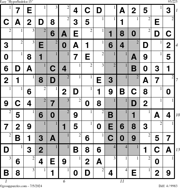 The grouppuzzles.com Easy HyperSudoku-15 puzzle for Friday July 5, 2024 with all 4 steps marked