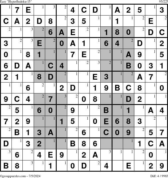 The grouppuzzles.com Easy HyperSudoku-15 puzzle for Friday July 5, 2024 with the first 3 steps marked