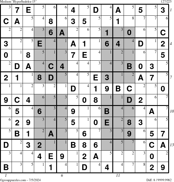 The grouppuzzles.com Medium HyperSudoku-15 puzzle for Friday July 5, 2024, suitable for printing, with all 8 steps marked