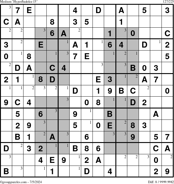 The grouppuzzles.com Medium HyperSudoku-15 puzzle for Friday July 5, 2024 with the first 3 steps marked