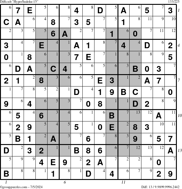 The grouppuzzles.com Difficult HyperSudoku-15 puzzle for Friday July 5, 2024 with all 13 steps marked