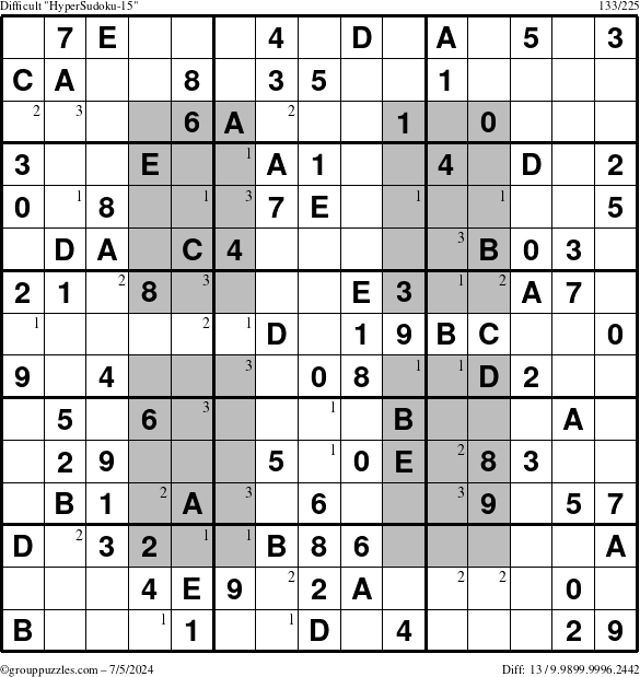 The grouppuzzles.com Difficult HyperSudoku-15 puzzle for Friday July 5, 2024 with the first 3 steps marked