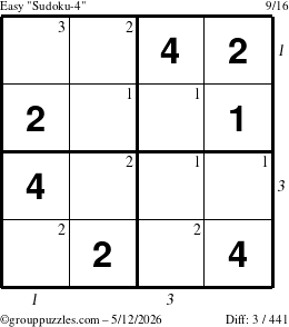 The grouppuzzles.com Easy Sudoku-4 puzzle for Tuesday May 12, 2026, suitable for printing, with all 3 steps marked