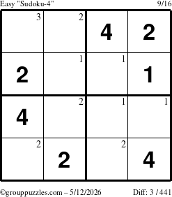 The grouppuzzles.com Easy Sudoku-4 puzzle for Tuesday May 12, 2026 with the first 3 steps marked