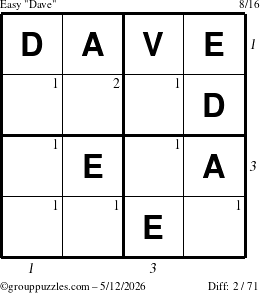 The grouppuzzles.com Easy Dave puzzle for Tuesday May 12, 2026, suitable for printing, with all 2 steps marked