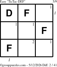 The grouppuzzles.com Easy TicTac-DEF puzzle for Tuesday May 12, 2026 with all 2 steps marked