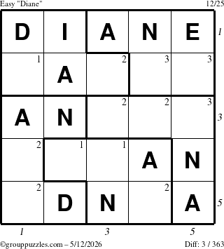 The grouppuzzles.com Easy Diane puzzle for Tuesday May 12, 2026, suitable for printing, with all 3 steps marked