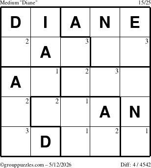 The grouppuzzles.com Medium Diane puzzle for Tuesday May 12, 2026 with the first 3 steps marked