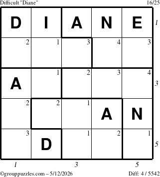 The grouppuzzles.com Difficult Diane puzzle for Tuesday May 12, 2026 with all 4 steps marked