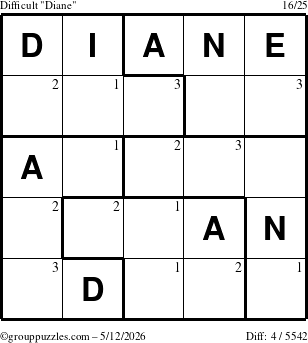 The grouppuzzles.com Difficult Diane puzzle for Tuesday May 12, 2026 with the first 3 steps marked