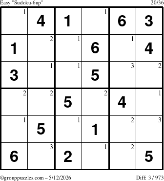 The grouppuzzles.com Easy Sudoku-6up puzzle for Tuesday May 12, 2026 with the first 3 steps marked