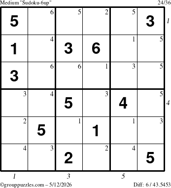 The grouppuzzles.com Medium Sudoku-6up puzzle for Tuesday May 12, 2026 with all 6 steps marked
