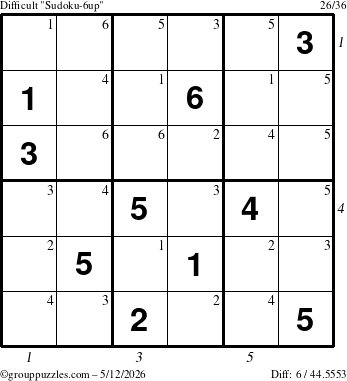 The grouppuzzles.com Difficult Sudoku-6up puzzle for Tuesday May 12, 2026, suitable for printing, with all 6 steps marked
