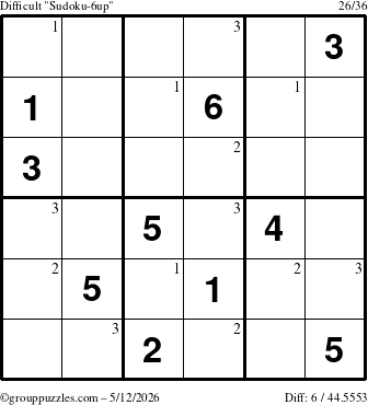 The grouppuzzles.com Difficult Sudoku-6up puzzle for Tuesday May 12, 2026 with the first 3 steps marked