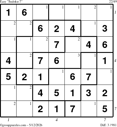 The grouppuzzles.com Easy Sudoku-7 puzzle for Tuesday May 12, 2026, suitable for printing, with all 3 steps marked