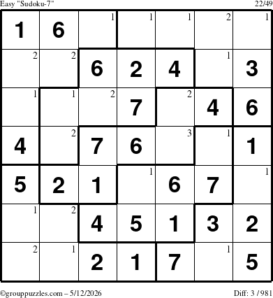 The grouppuzzles.com Easy Sudoku-7 puzzle for Tuesday May 12, 2026 with the first 3 steps marked