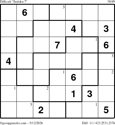 The grouppuzzles.com Difficult Sudoku-7 puzzle for Tuesday May 12, 2026 with the first 3 steps marked
