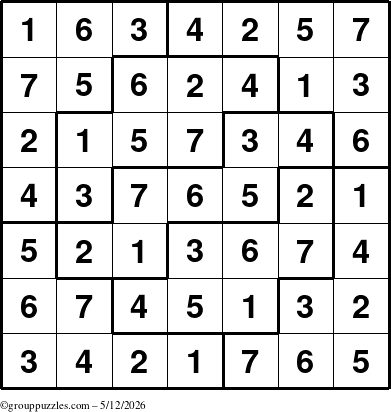 The grouppuzzles.com Answer grid for the Sudoku-7 puzzle for Tuesday May 12, 2026