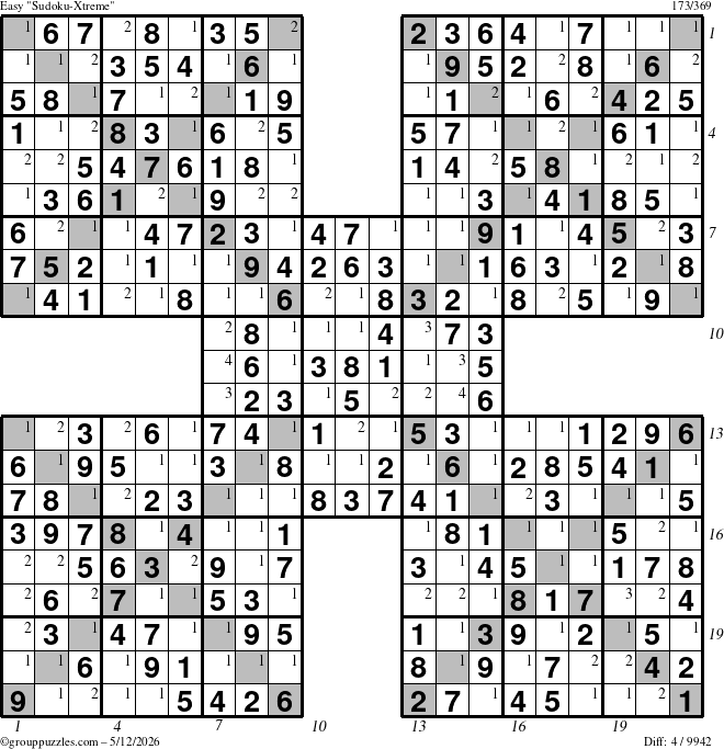 The grouppuzzles.com Easy Sudoku-Xtreme puzzle for Tuesday May 12, 2026 with all 4 steps marked
