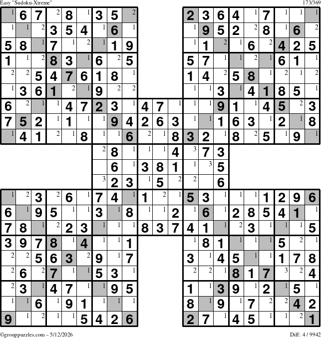 The grouppuzzles.com Easy Sudoku-Xtreme puzzle for Tuesday May 12, 2026 with the first 3 steps marked
