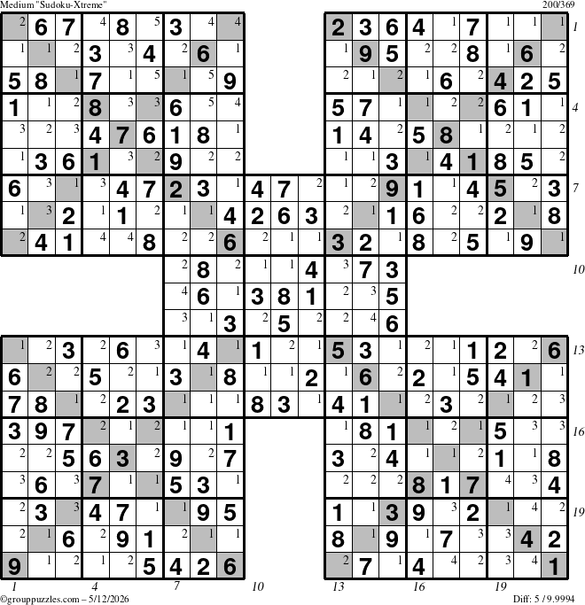 The grouppuzzles.com Medium Sudoku-Xtreme puzzle for Tuesday May 12, 2026, suitable for printing, with all 5 steps marked