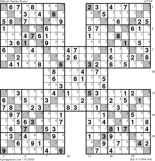The grouppuzzles.com Difficult Sudoku-Xtreme puzzle for Tuesday May 12, 2026 with all 9 steps marked