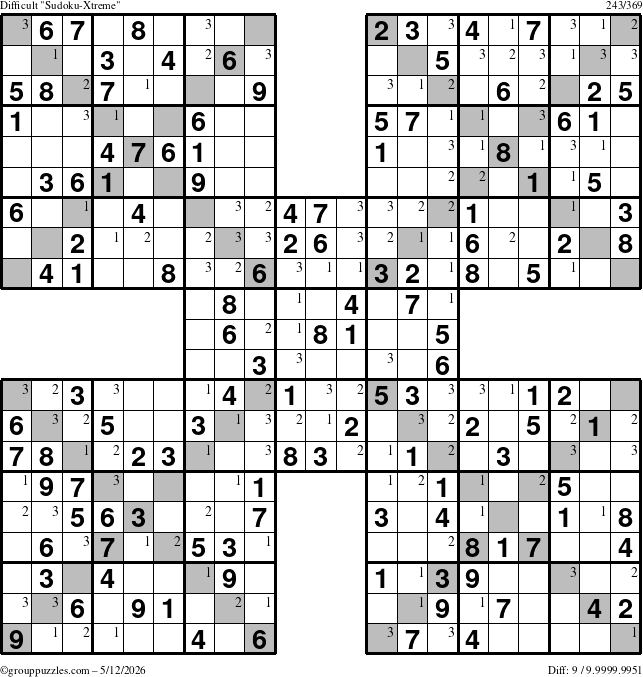 The grouppuzzles.com Difficult Sudoku-Xtreme puzzle for Tuesday May 12, 2026 with the first 3 steps marked