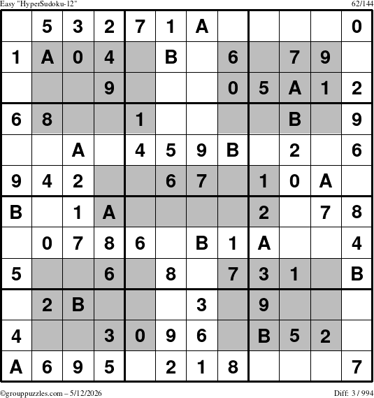 The grouppuzzles.com Easy HyperSudoku-12 puzzle for Tuesday May 12, 2026