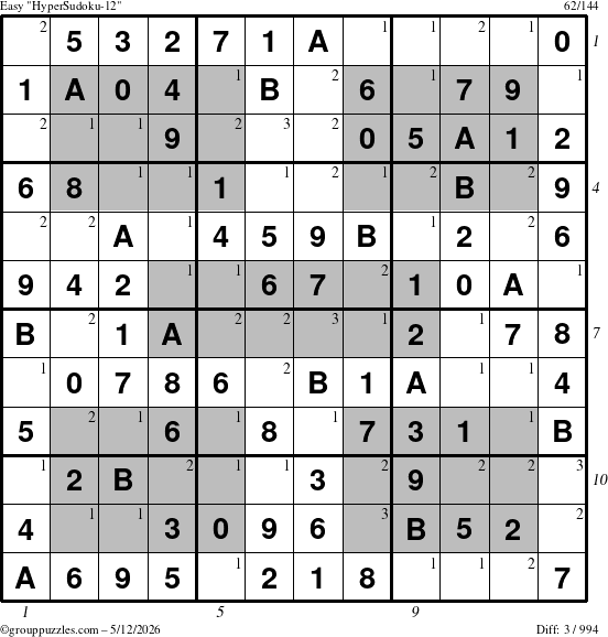 The grouppuzzles.com Easy HyperSudoku-12 puzzle for Tuesday May 12, 2026, suitable for printing, with all 3 steps marked