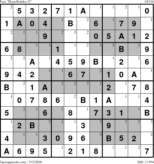 The grouppuzzles.com Easy HyperSudoku-12 puzzle for Tuesday May 12, 2026 with the first 3 steps marked