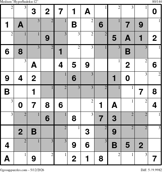 The grouppuzzles.com Medium HyperSudoku-12 puzzle for Tuesday May 12, 2026 with the first 3 steps marked