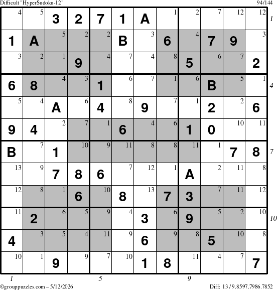 The grouppuzzles.com Difficult HyperSudoku-12 puzzle for Tuesday May 12, 2026 with all 13 steps marked