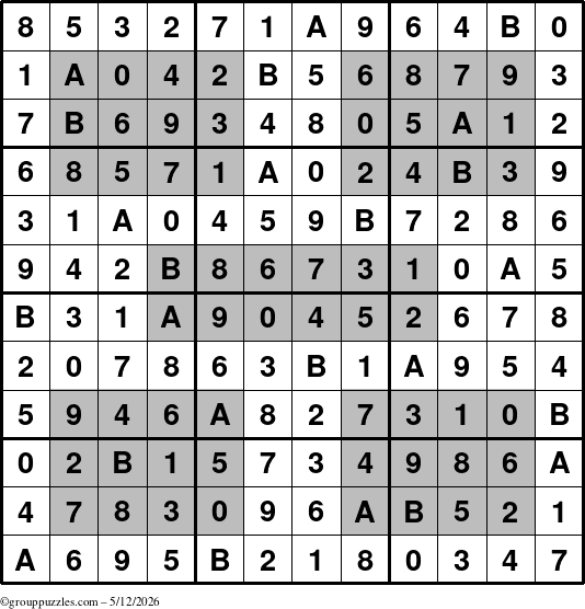 The grouppuzzles.com Answer grid for the HyperSudoku-12 puzzle for Tuesday May 12, 2026
