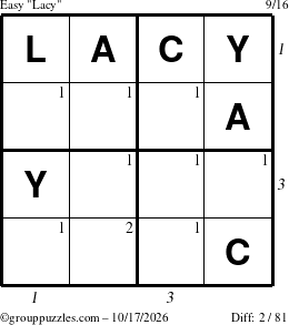 The grouppuzzles.com Easy Lacy puzzle for Saturday October 17, 2026, suitable for printing, with all 2 steps marked