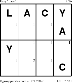 The grouppuzzles.com Easy Lacy puzzle for Saturday October 17, 2026 with the first 2 steps marked