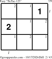 The grouppuzzles.com Easy TicTac-123 puzzle for Saturday October 17, 2026, suitable for printing, with all 2 steps marked