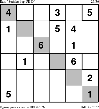 The grouppuzzles.com Easy Sudoku-6up-UR-D puzzle for Saturday October 17, 2026