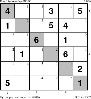 The grouppuzzles.com Easy Sudoku-6up-UR-D puzzle for Saturday October 17, 2026, suitable for printing, with all 4 steps marked