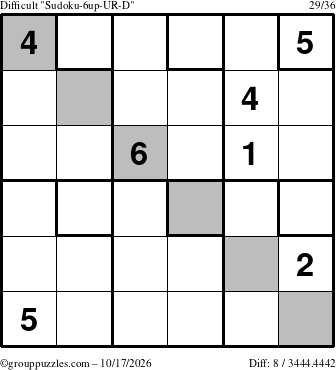 The grouppuzzles.com Difficult Sudoku-6up-UR-D puzzle for Saturday October 17, 2026