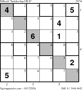 The grouppuzzles.com Difficult Sudoku-6up-UR-D puzzle for Saturday October 17, 2026, suitable for printing, with all 8 steps marked
