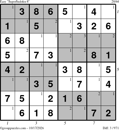 The grouppuzzles.com Easy SuperSudoku-8 puzzle for Saturday October 17, 2026, suitable for printing, with all 3 steps marked