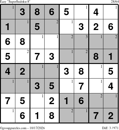 The grouppuzzles.com Easy SuperSudoku-8 puzzle for Saturday October 17, 2026 with the first 3 steps marked