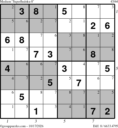 The grouppuzzles.com Medium SuperSudoku-8 puzzle for Saturday October 17, 2026 with all 8 steps marked