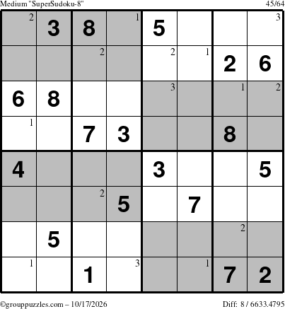 The grouppuzzles.com Medium SuperSudoku-8 puzzle for Saturday October 17, 2026 with the first 3 steps marked