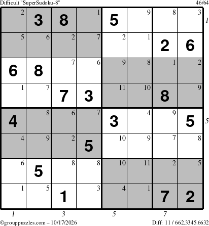 The grouppuzzles.com Difficult SuperSudoku-8 puzzle for Saturday October 17, 2026, suitable for printing, with all 11 steps marked