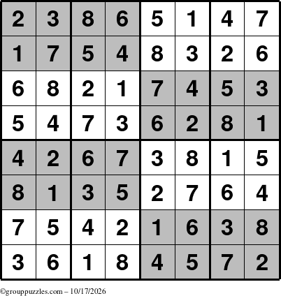 The grouppuzzles.com Answer grid for the SuperSudoku-8 puzzle for Saturday October 17, 2026