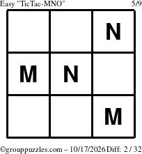 The grouppuzzles.com Easy TicTac-MNO puzzle for Saturday October 17, 2026