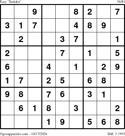 The grouppuzzles.com Easy Sudoku puzzle for Saturday October 17, 2026