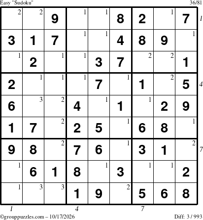The grouppuzzles.com Easy Sudoku puzzle for Saturday October 17, 2026 with all 3 steps marked